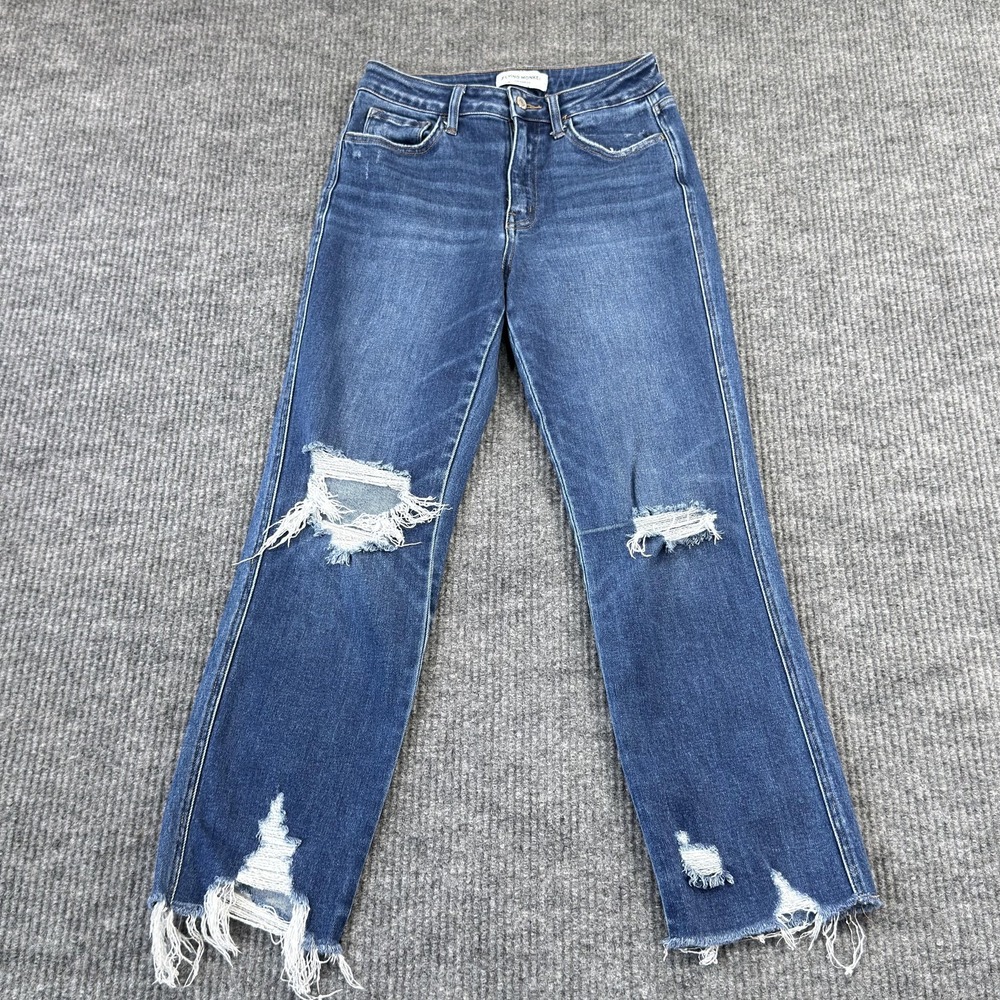 Flying Monkey Straight Jeans Womens 27 Blue High Rise Distressed Raw Hem Crop